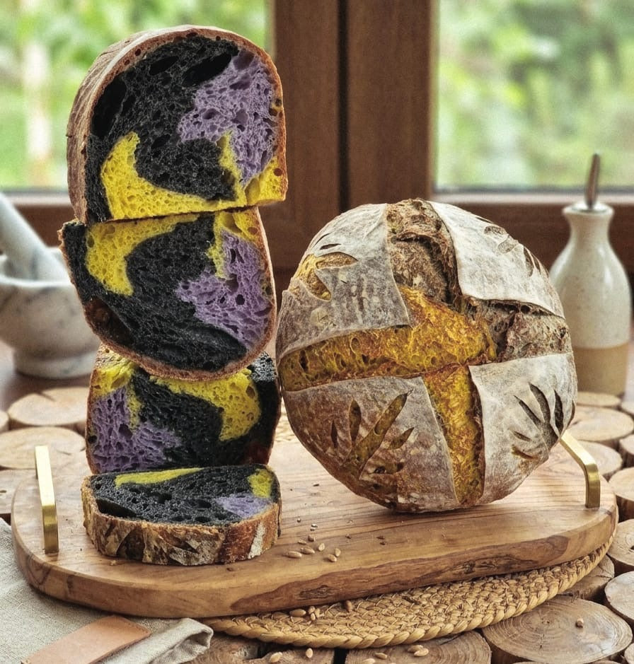 Pâine tricoloră cu turmeric, cărbune activ și cartof mov